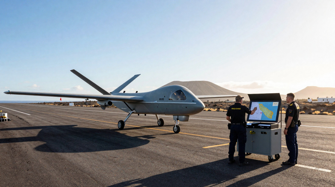 Dois polícias junto a um drone militar estacionado numa pista de aterragem ao pôr do sol.