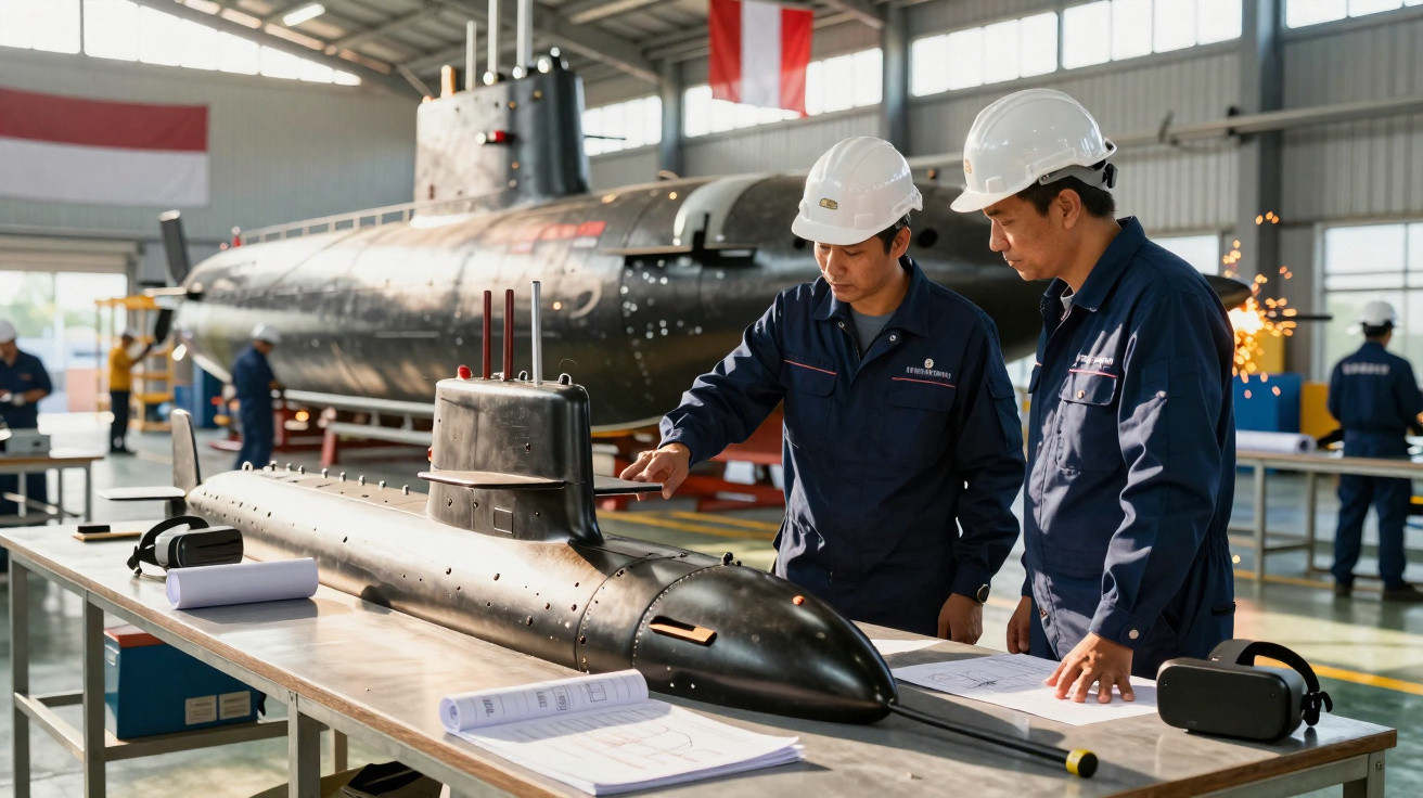 Engenheiros com capacetes analisam modelo de submarino numa oficina industrial com submarino maior ao fundo.