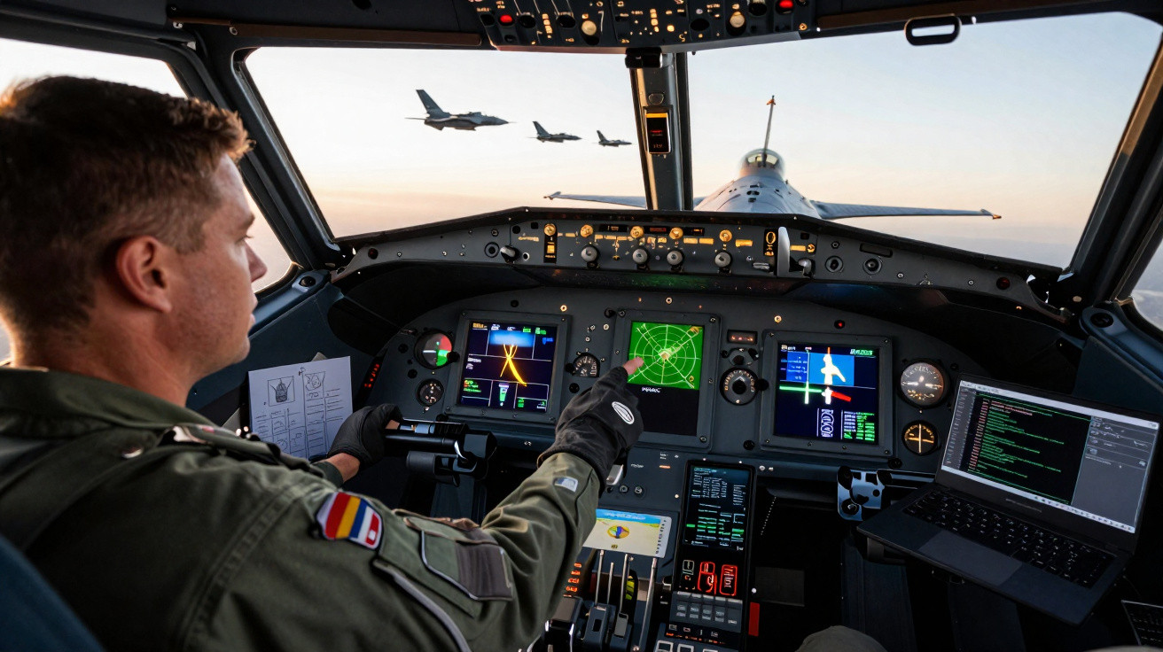 Piloto militar dentro da cabine de voo a operar controles, com três aviões em formação visíveis pelo vidro.