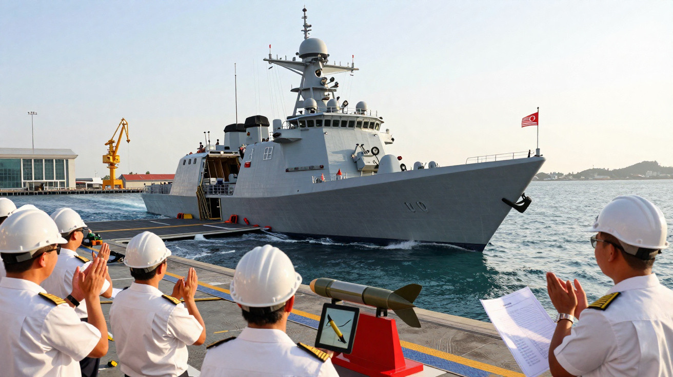 Marinheiros com capacetes a aplaudir fragata militar a chegar ao cais ao pôr do sol.