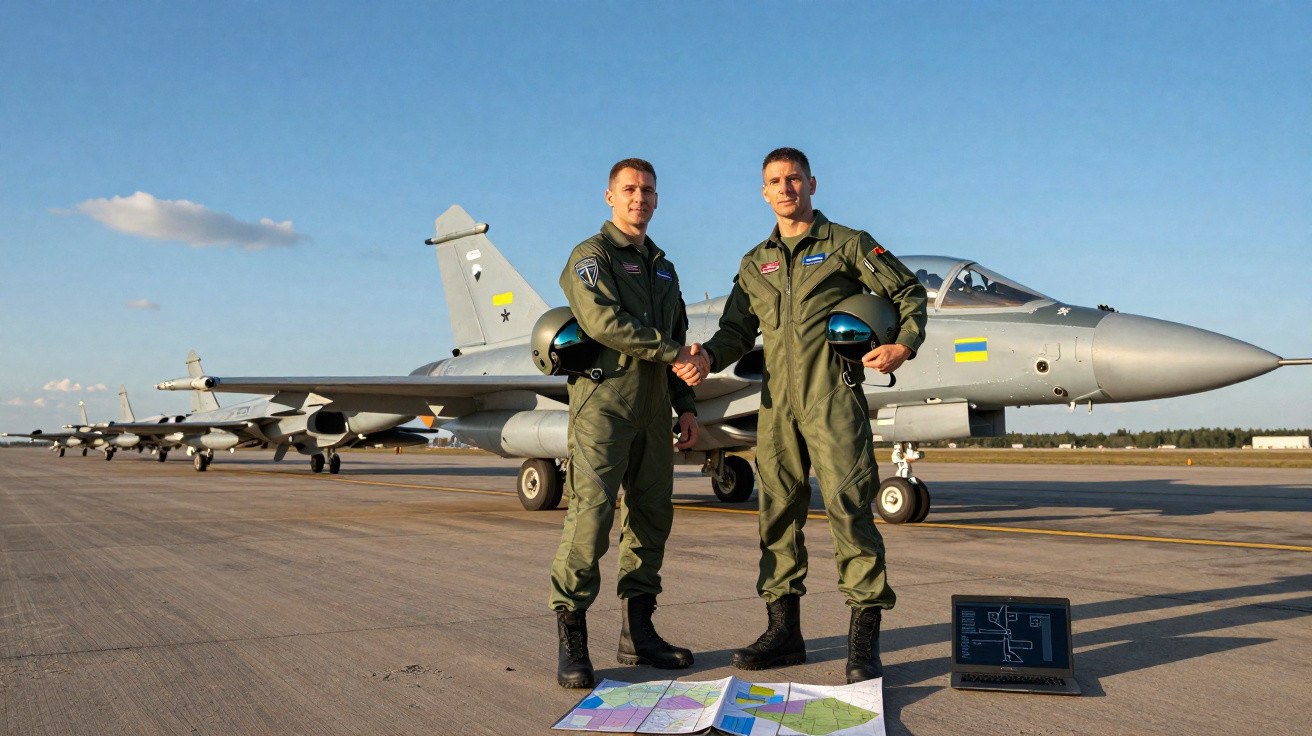 Dois pilotos militares de farda verde apertam as mãos em frente a caças estacionados numa pista de aeroporto.