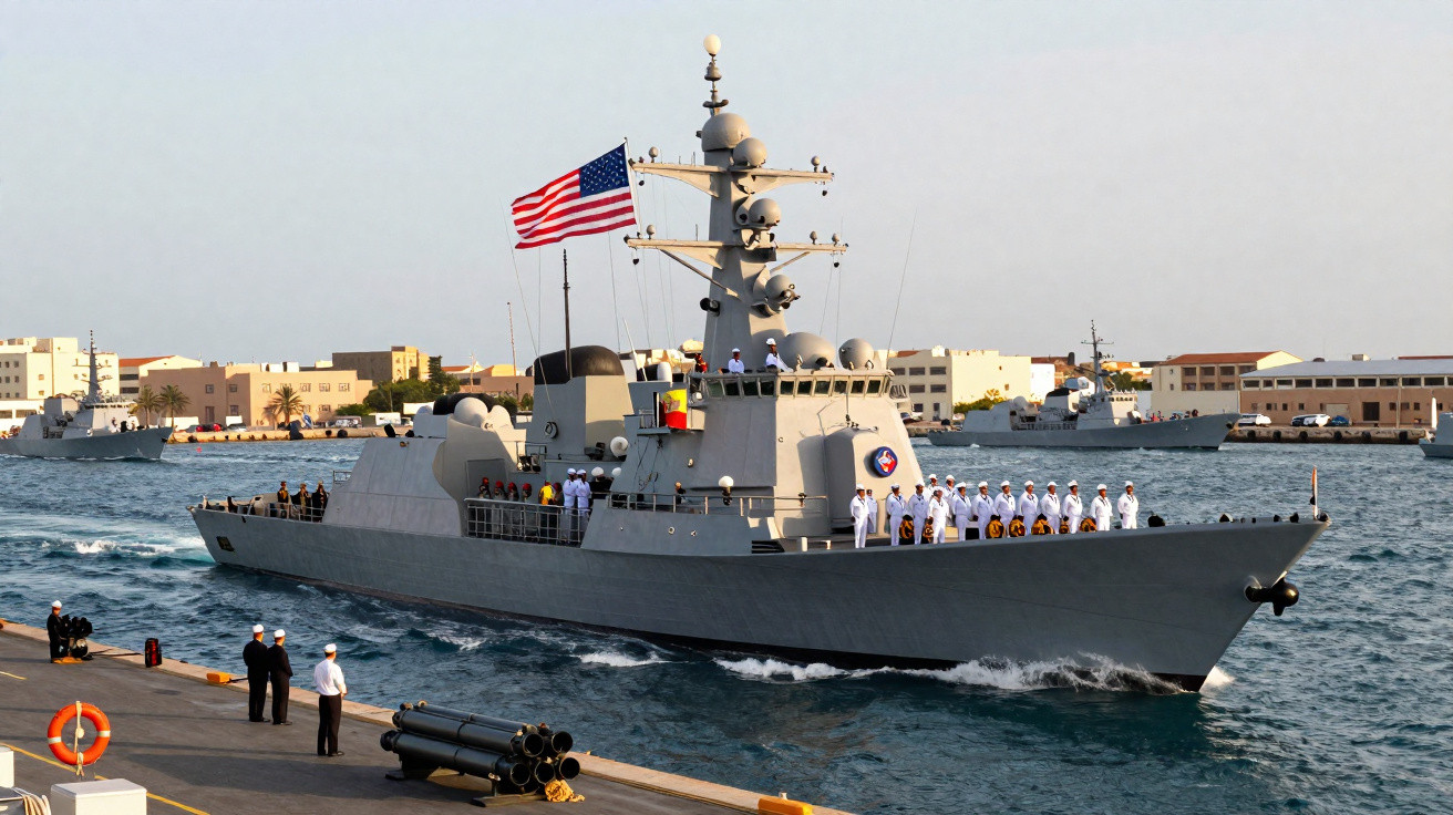 Navio de guerra militar com tripulação em uniforme branco navegando perto do cais, com bandeira dos EUA.