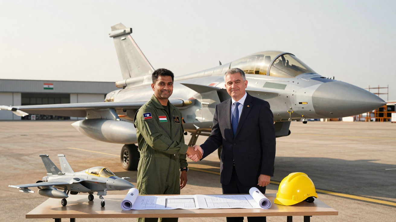 Dois homens, um piloto e outro de fato, apertam as mãos junto a mesa com plantas, capacete amarelo e modelo de avião de comba
