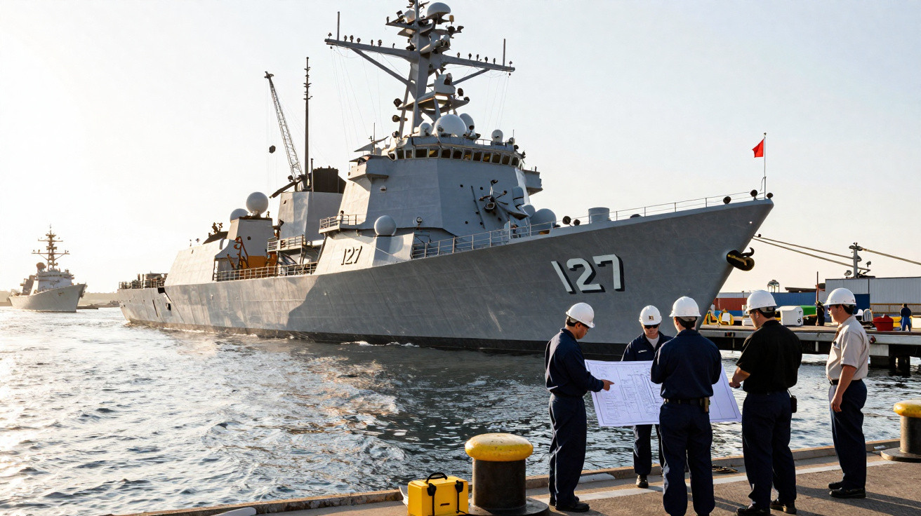 Navio de guerra cinzento atracado no porto com cinco homens de capacete a observar planta.