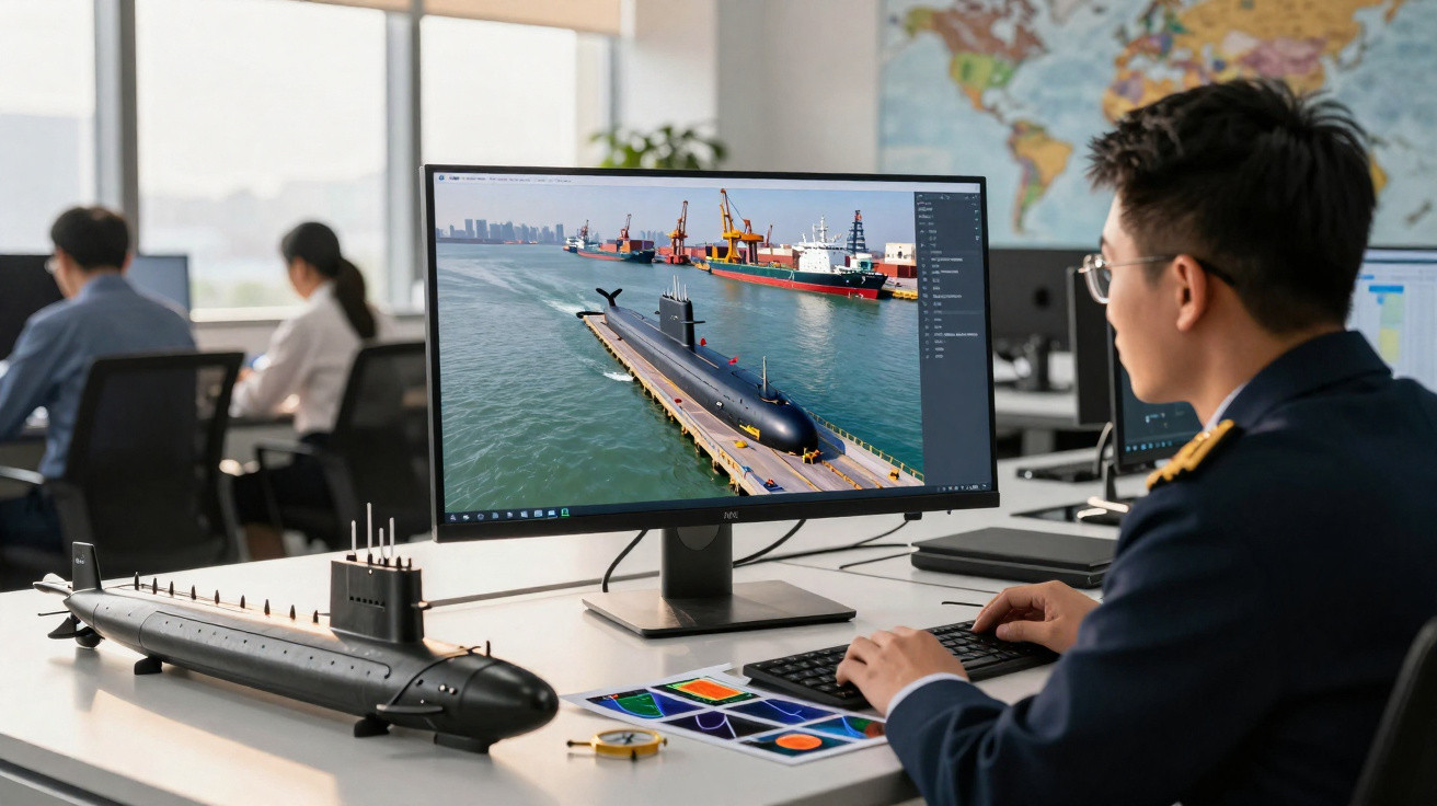 Homem numa sala a trabalhar no design de um submarino, com modelo físico e imagem digital no ecrã.