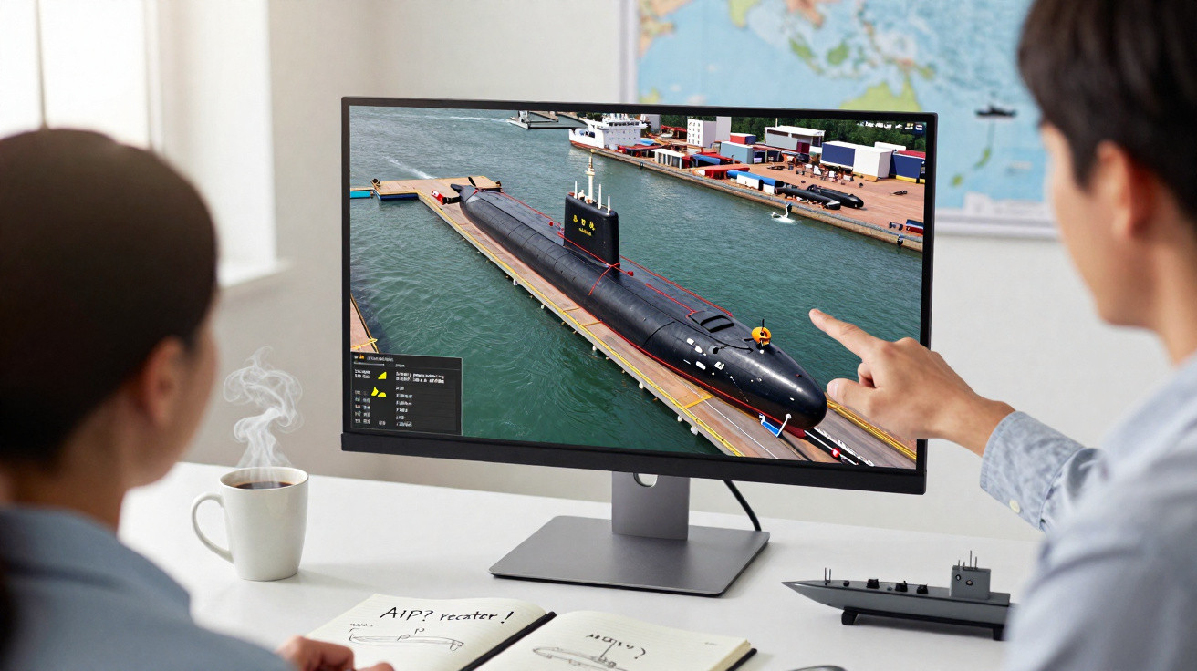 Duas pessoas observam modelo 3D de um submarino no ecrã de um computador numa sala de escritório.