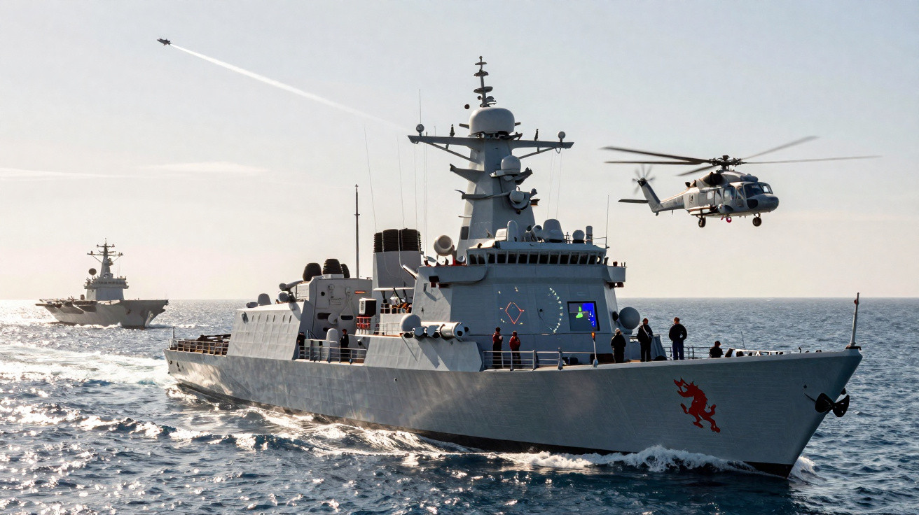 Fragata militar no mar com helicóptero a voar perto e jato a sobrevoar em fundo ensolarado.