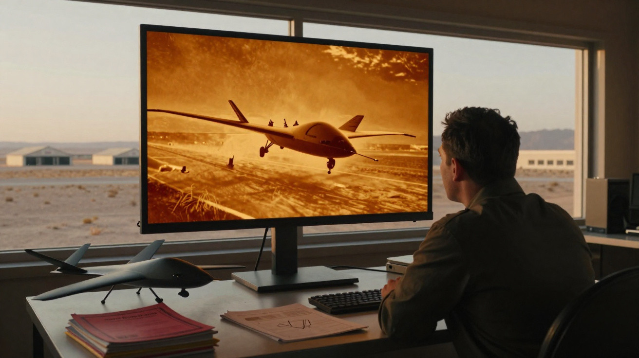 Homem sentado a olhar para ecrã com imagem de avião não tripulado em ambiente de escritório.
