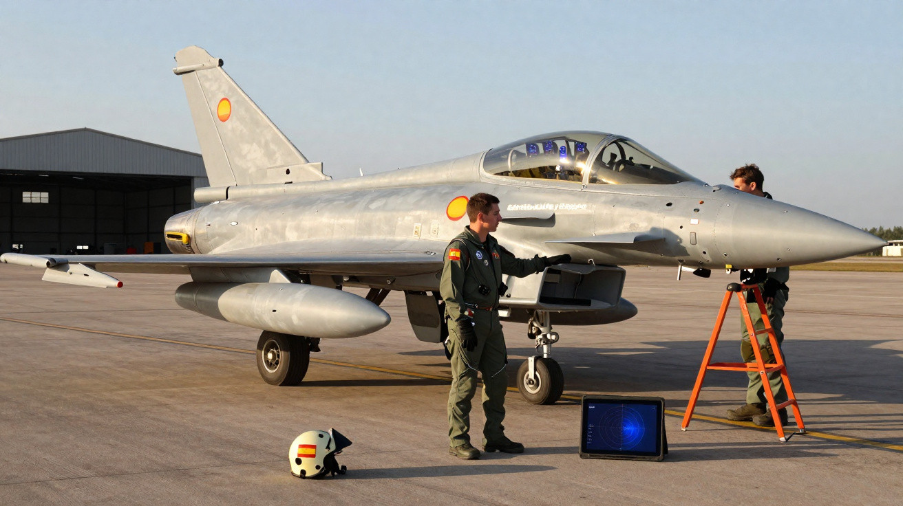 Avião militar Eurofighter Typhoon prateado estacionado com dois militares em pista de aeroportos.
