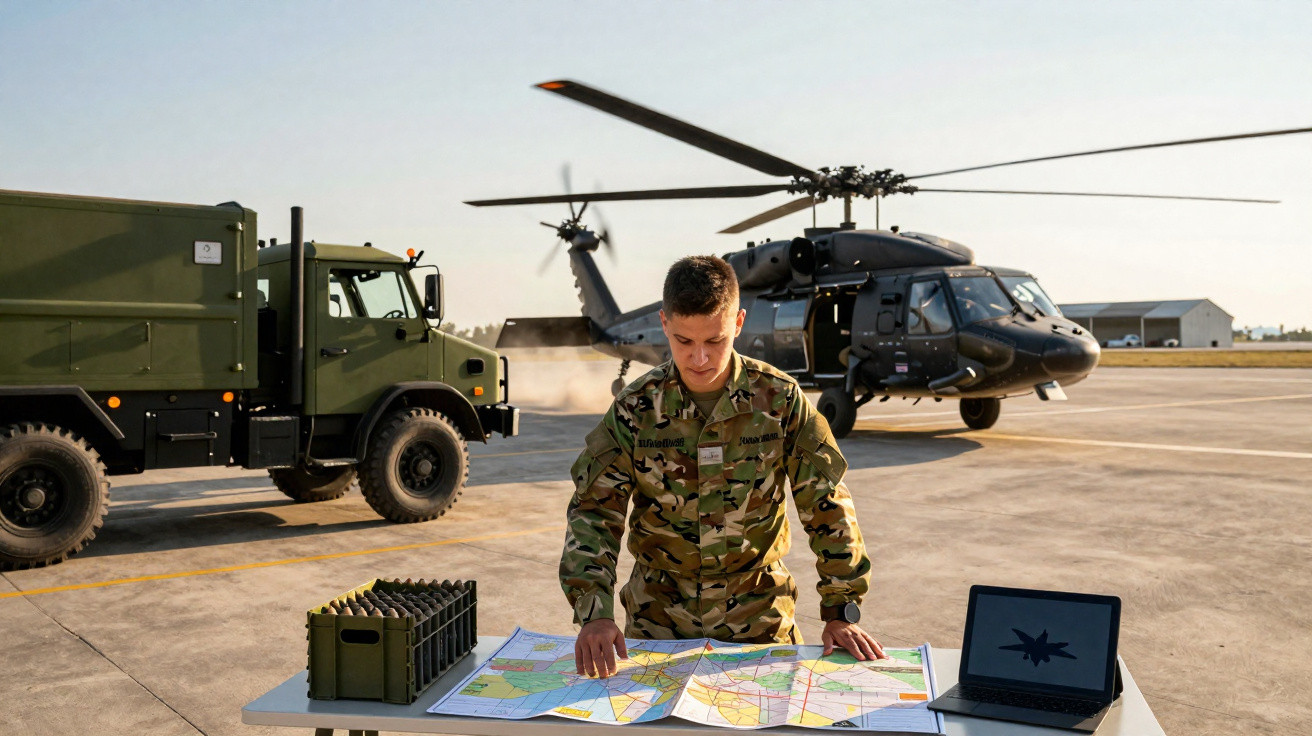 Militar em uniforme camuflado examina mapas sobre mesa, com helicóptero e camião militar ao fundo num aeroporto.