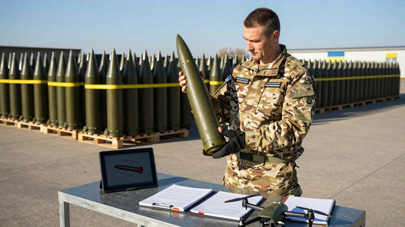 Militar em uniforme camuflado inspeciona munição pesada junto a mesa com documentos e drone, com varias munições no fundo.