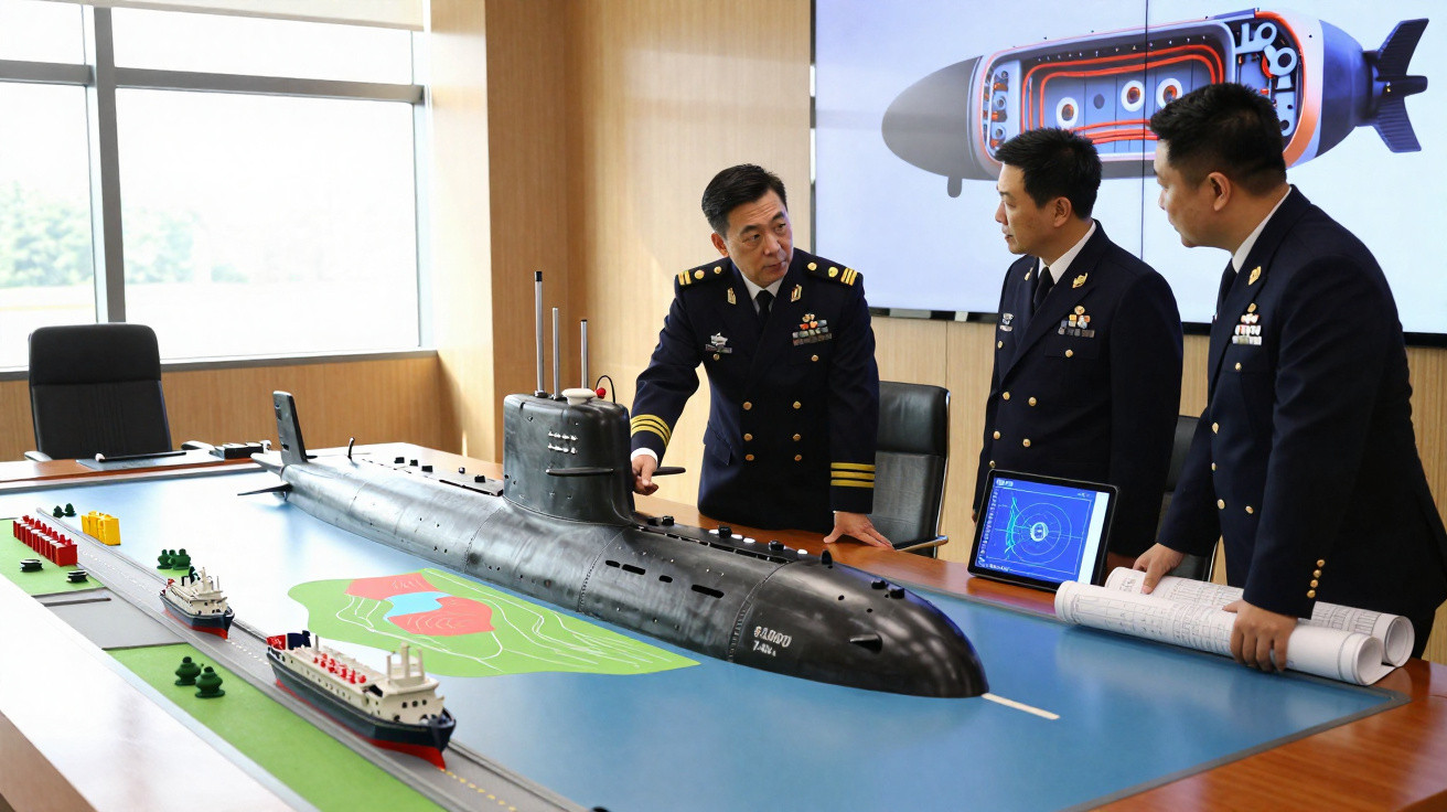 Três oficiais em uniforme naval analisam maquete de submarino numa sala de reuniões moderna.