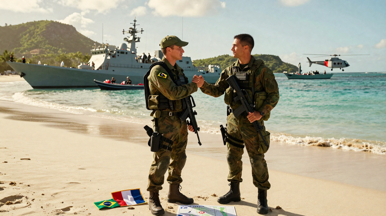 Dois soldados em farda cumprimentam-se numa praia com bandeiras, navio e helicóptero ao fundo.
