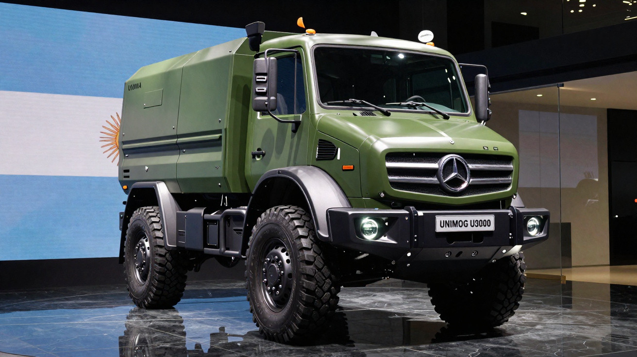 Camioneta militar Mercedes-Benz Unimog U3000 verde com pneus off-road exposta em salão.