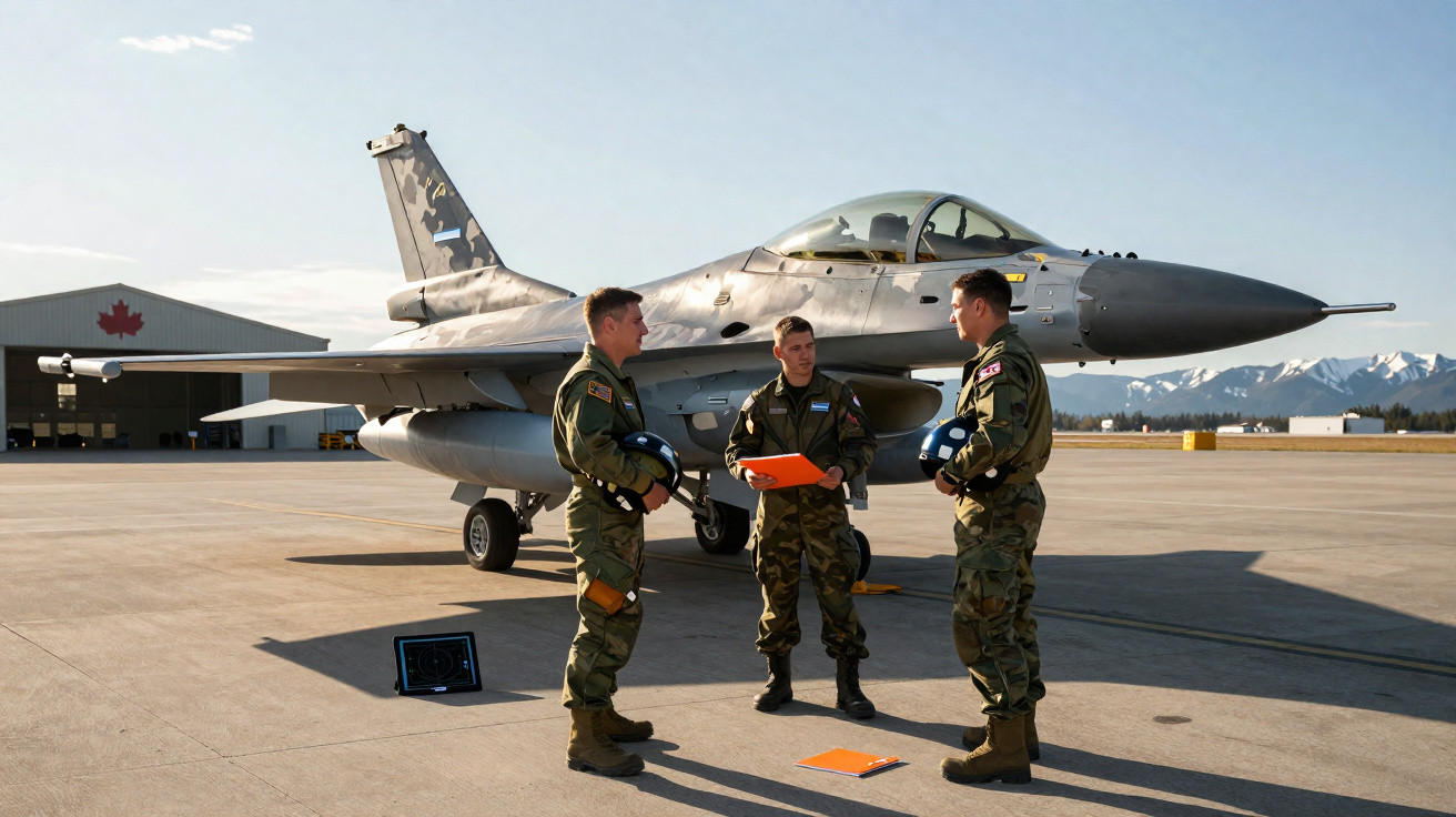 Três pilotos militares em conversa junto a um caça estacionado numa pista de aeroporto com montanhas ao fundo.