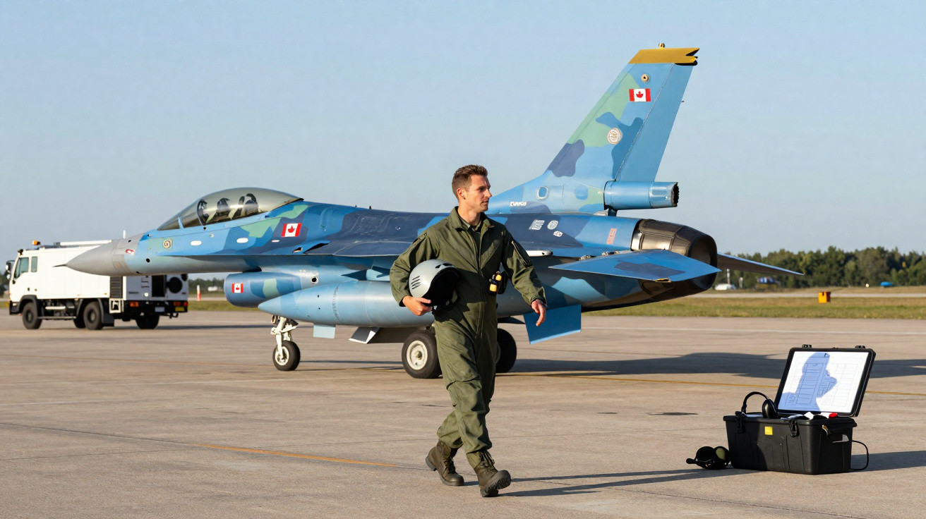 Piloto militar em fato verde com capacete na mão caminha junto a avião de combate azul numa pista de aeroporto.