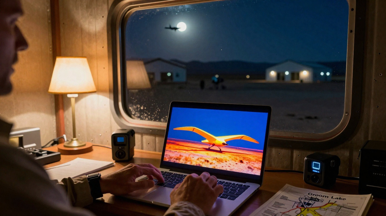 Pessoa a usar laptop num ambiente acolhedor, com janela a mostrar avião a voar diante da lua cheia à noite.