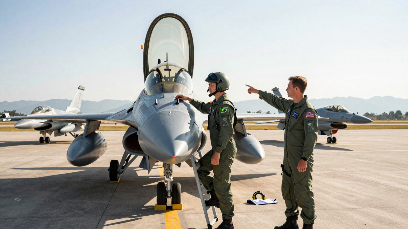 Dois pilotos militares interagem junto a um caça estacionado numa pista de aeroporto militar.