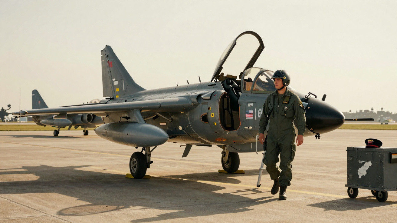 Piloto militar caminhando ao lado de avião de combate estacionado numa pista de aeroporto.