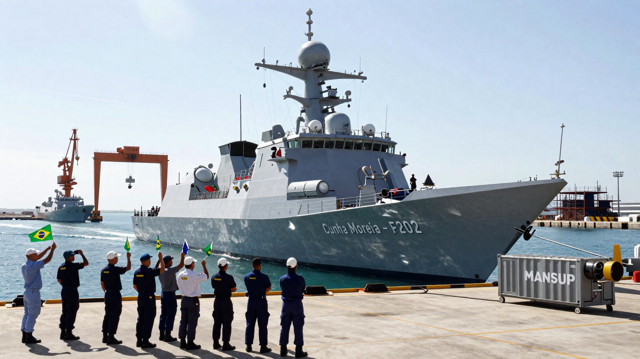 Navio militar brasileiro Cunha Moreira F202 a atracar com tripulação a cumprimentar em cais de porto.