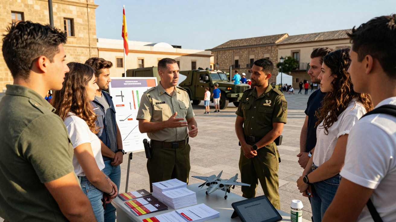 Militares explicam oportunidades na defesa a grupo de jovens num evento ao ar livre com material informativo.