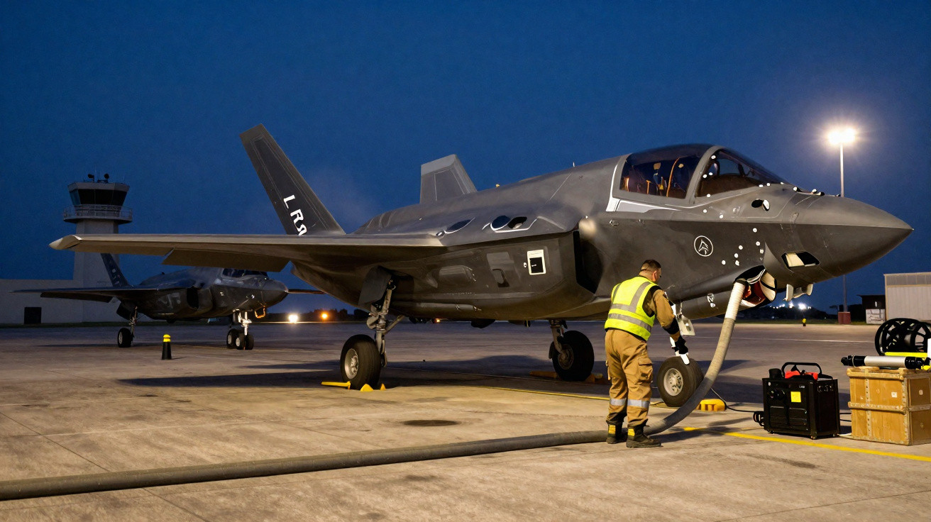 Avião militar furtivo no solo com técnica a abastecer combustível durante a noite numa pista de aeroporto.