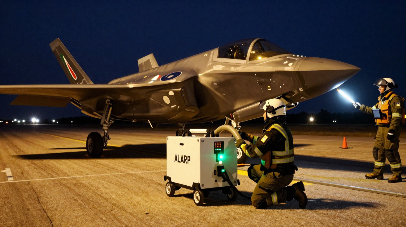 Jato militar na pista à noite com técnicos em equipamentos de manutenção e inspeção.