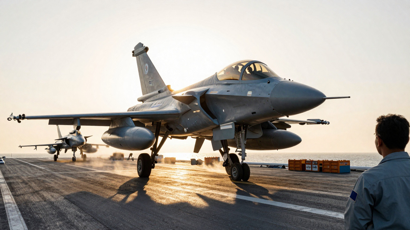 Caça militar a levantar voo num porta-aviões ao pôr do sol com um militar a observar.
