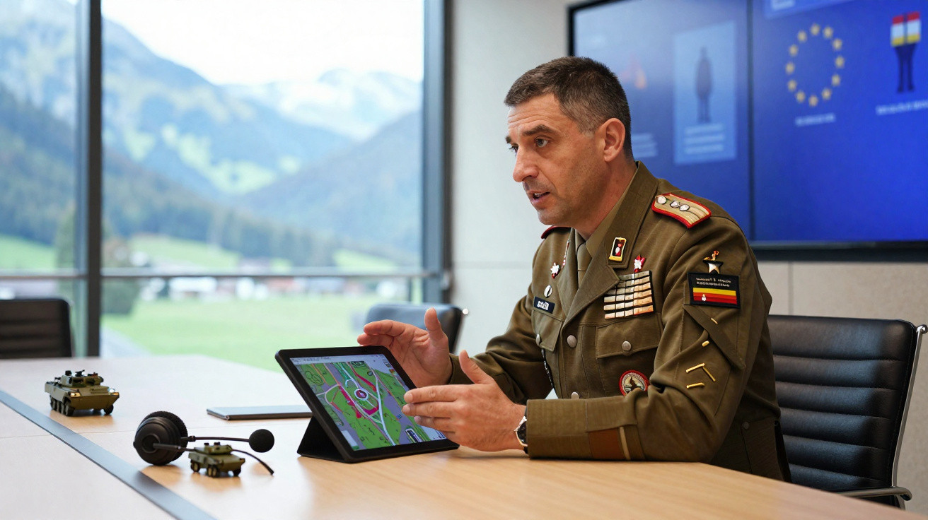 Militar em uniforme explicando estratégia militar utilizando tablet numa sala com vista para montanhas.