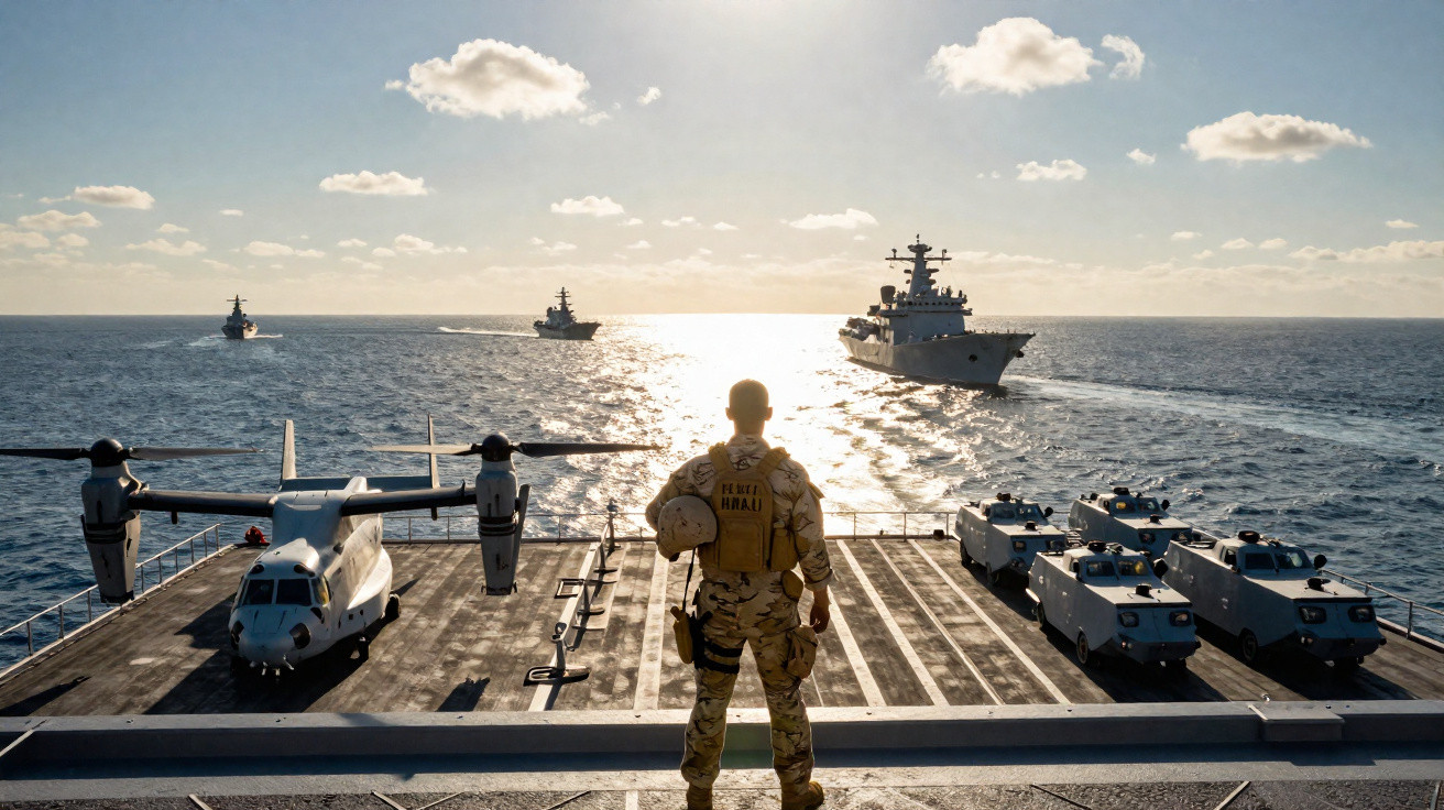 Soldado militar em convés de navio com helicoptero, veículos blindados e outros navios no mar ao pôr do sol.