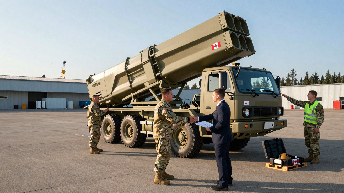 Militares junto a veículo militar com sistema de foguetes múltiplos, bandeira do Canadá visível.