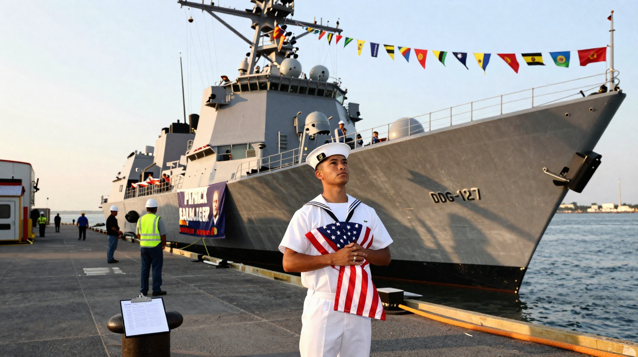 Marinheiro americano de pé segurando bandeira diante de navio militar atracado no porto ao pôr do sol.