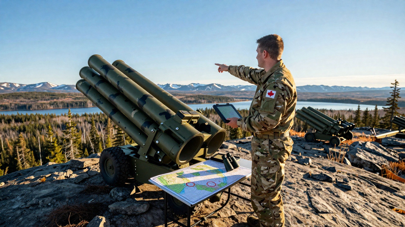 Soldado canadiano em uniforme escutando comandos junto a equipamento militar em paisagem montanhosa.