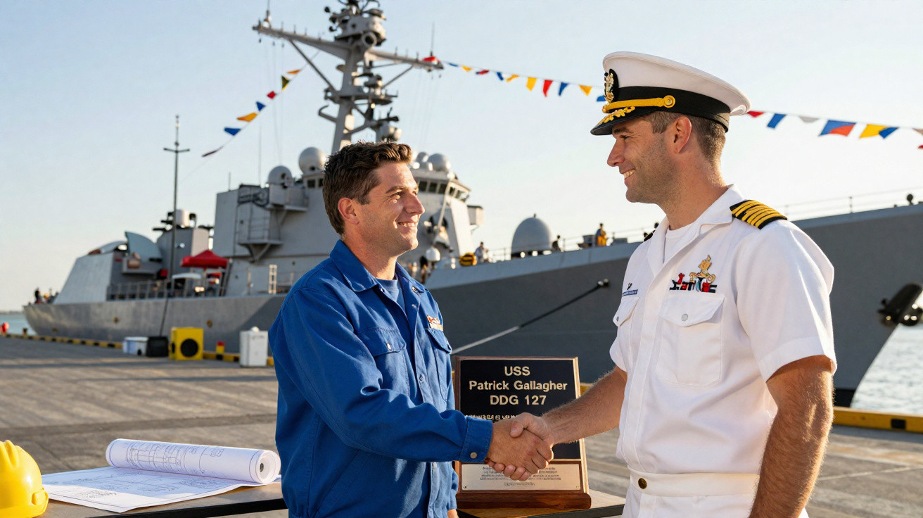 Dois militares apertam as mãos no cais junto ao navio de guerra USS Patrick Gallagher DDG 127 decorado com bandeiras.