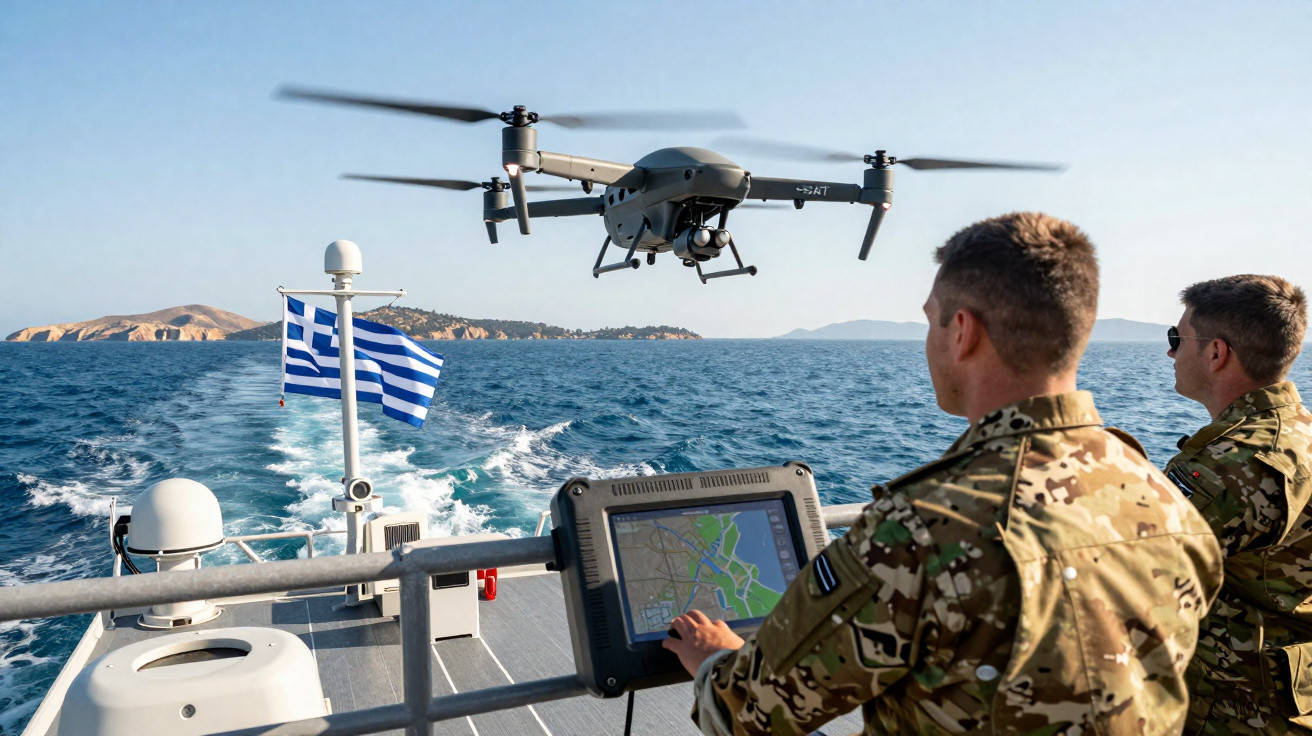 Dois militares em uniforme operam drone a bordo de barco no mar, com bandeira da Grécia ao fundo e ilhas ao longe.