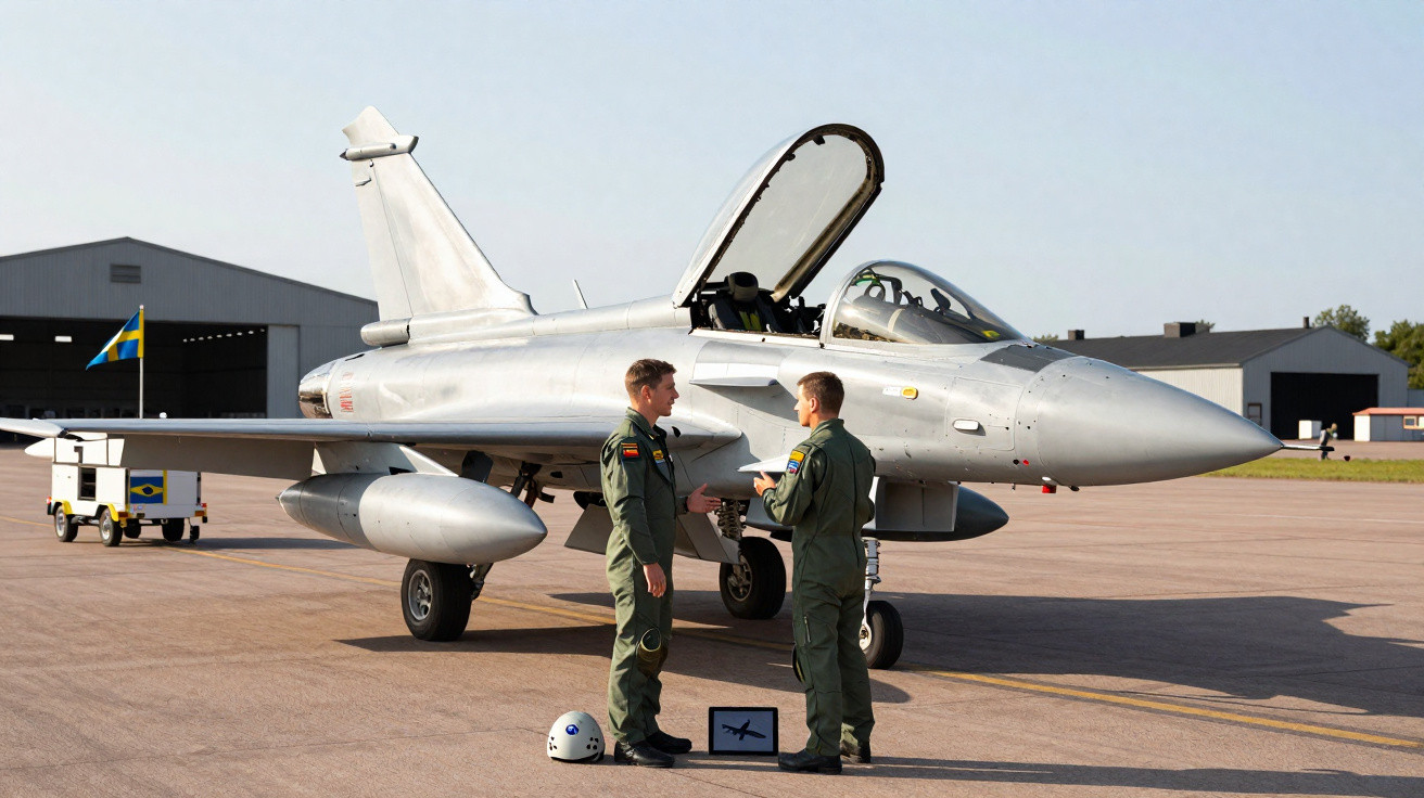 Dois pilotos em farda verde de pé junto a um avião militar prateado estacionado numa pista de aeroporto.