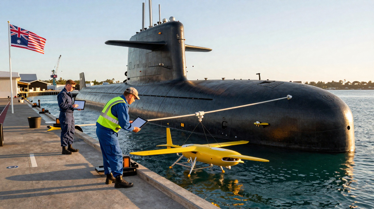 Dois homens junto a um submarino no cais, operando um drone amarelo sobre a água ao pôr do sol.