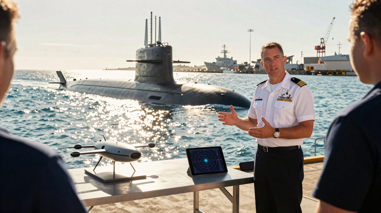 Oficial naval explica funcionamento de submarino e drone aquático a dois marinheiros no porto.