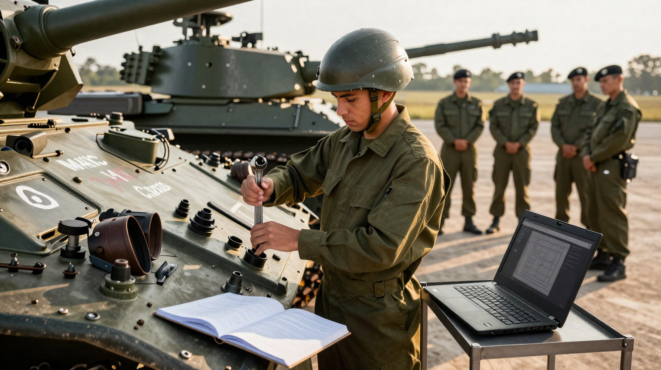 Soldado em uniforme e capacete a reparar tanque de guerra com manual aberto e computador portátil ao lado.