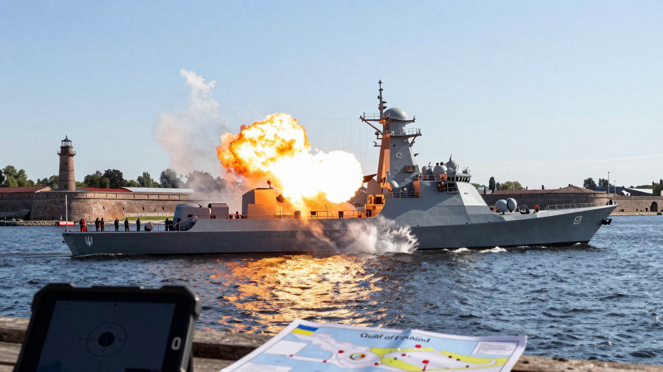 Destroyer naval a disparar canhão em mar calmo com farol e fortificação em fundo.