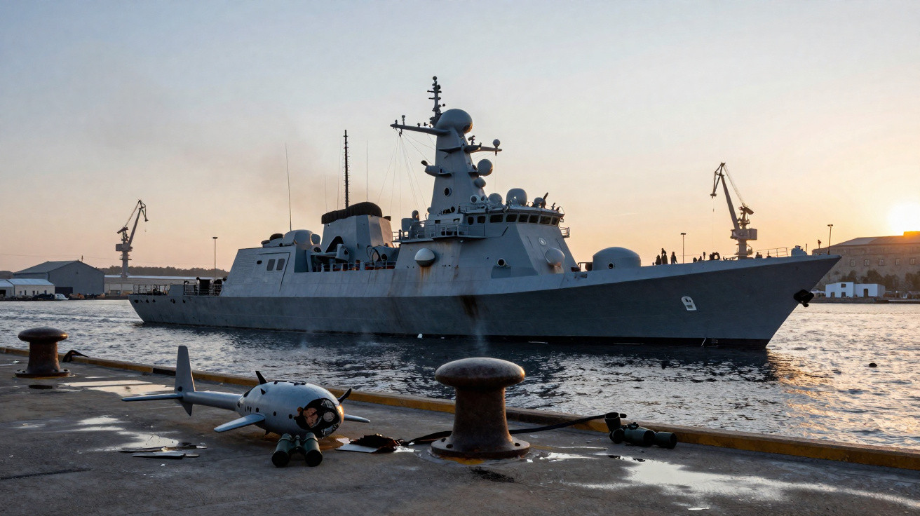 Navio militar cinzento ancorado num porto ao pôr do sol com drones no cais e guindastes ao fundo.