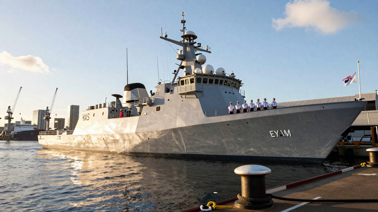 Navio militar cinzento atracado no porto com tripulantes alinhados na proa ao pôr do sol.