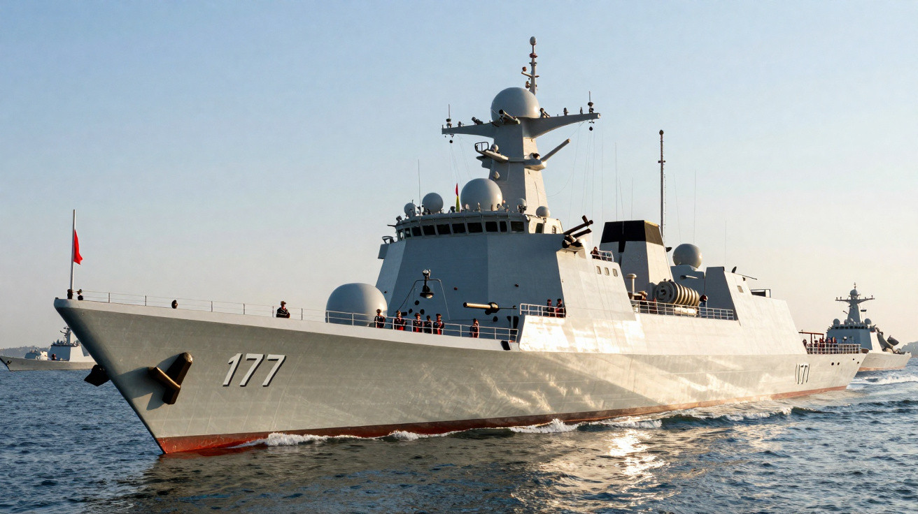Navio de guerra cinzento número 177 navegando em mar calmo com tripulação no convés.