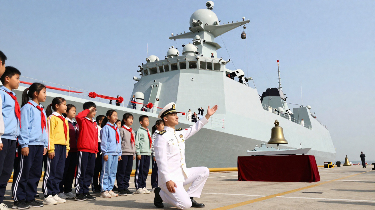 Marinheiro a ajoelhar em frente a grupo de crianças alinhadas junto a um navio militar no cais.