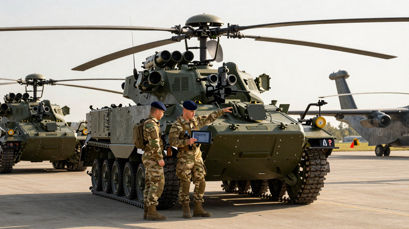 Dois soldados em uniforme junto a veículo blindado armado e helicópteros militares no fundo, em pátio aéreo.