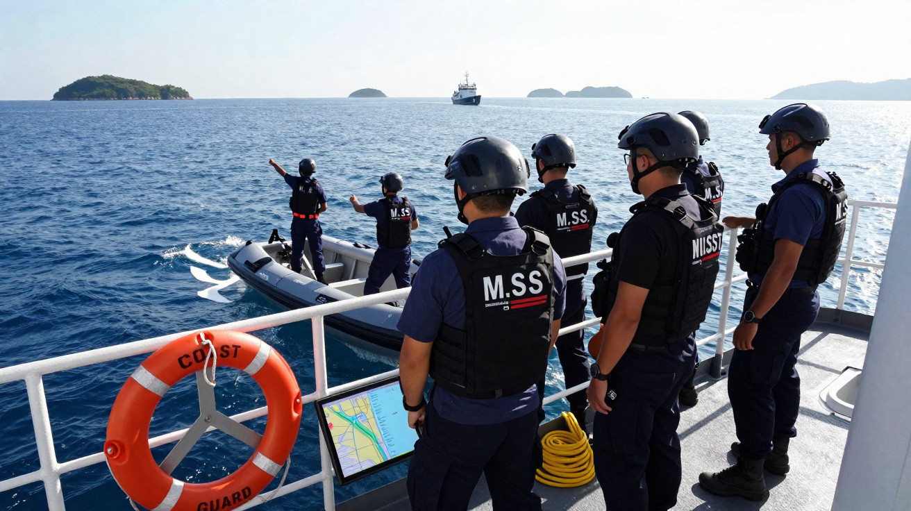 Equipa da guarda costeira em coletes e capacetes observa um barco no mar azul com ilhas ao fundo.