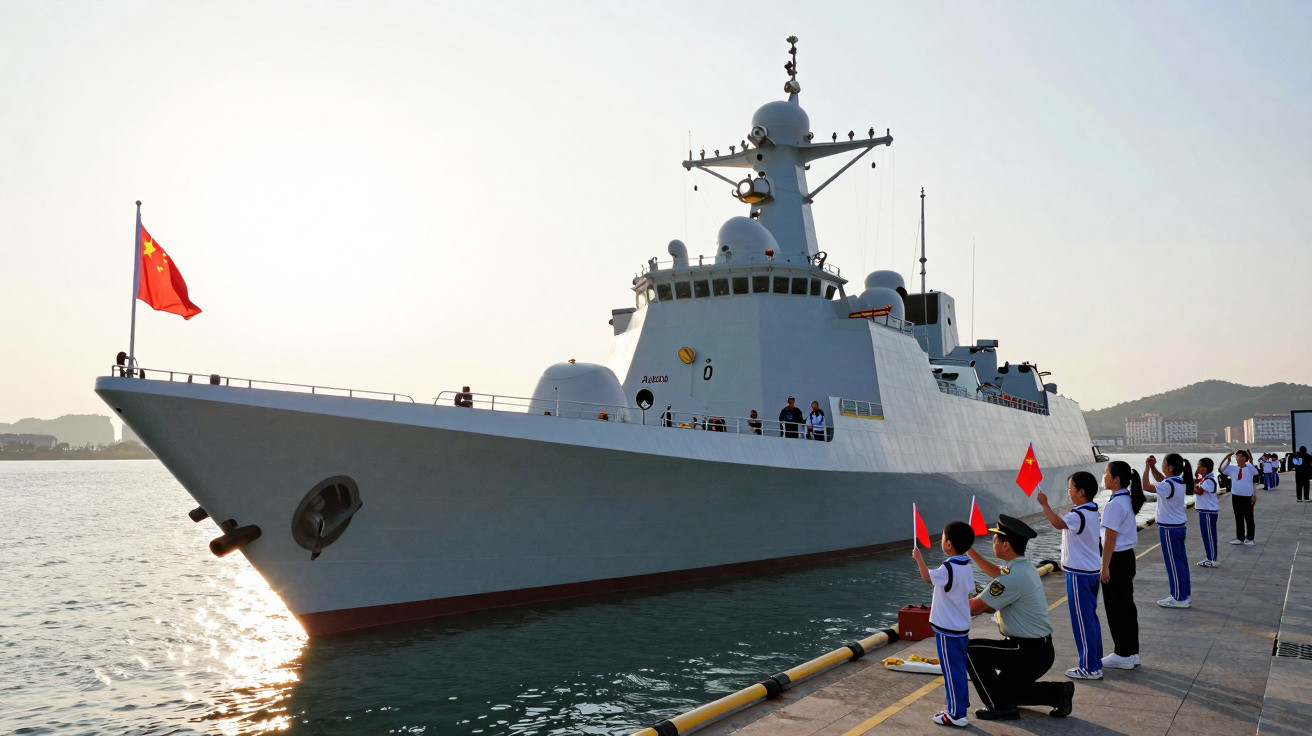 Navio militar chinês atracado com pessoas na margem a acenar bandeiras vermelhas da China.