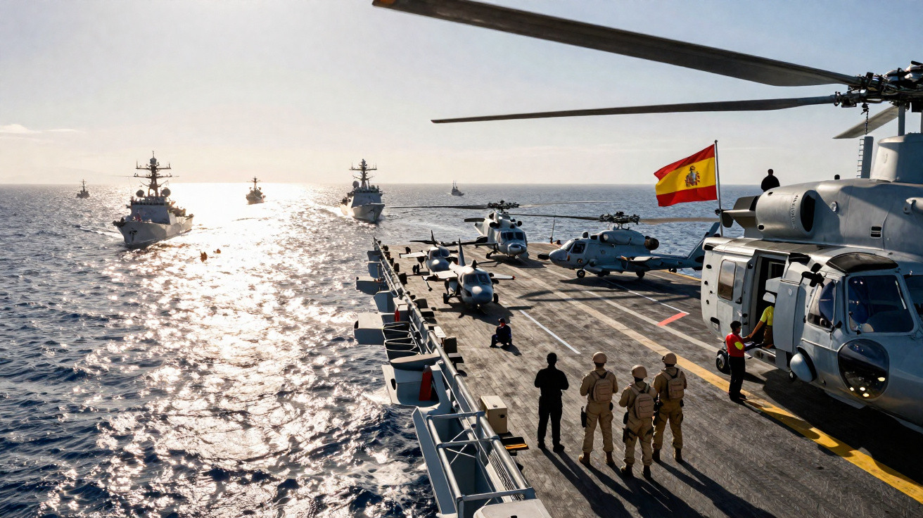 Porta-aviões espanhol com helicópteros e navios de guerra no mar ao entardecer.