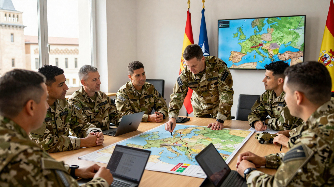 Militares em uniforme reunidos em torno de mesa com mapas e computadores, discutindo estratégia numa sala oficial.
