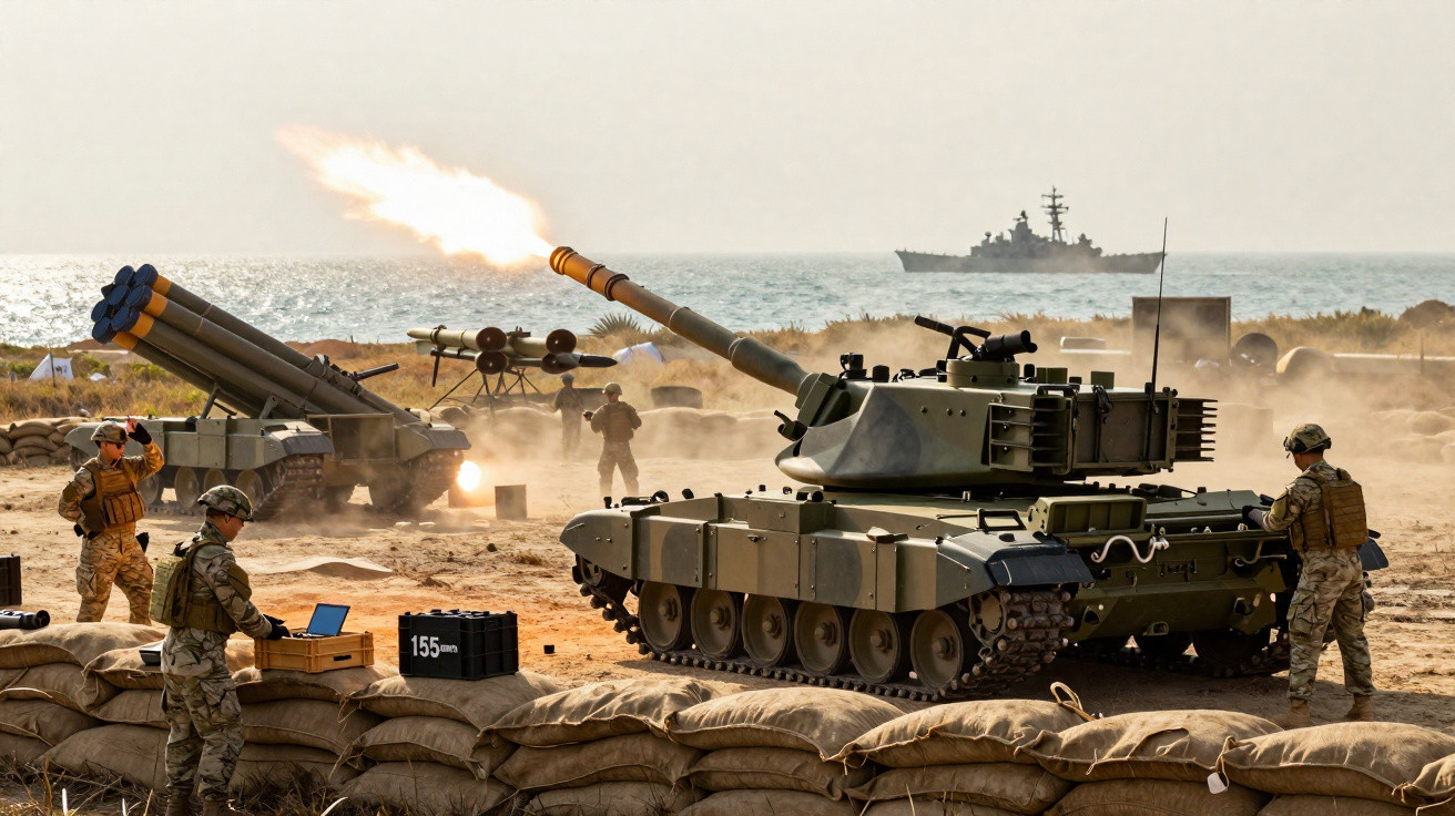 Tanque militar a disparar em exercício junto da costa com soldados e navio de guerra ao fundo.
